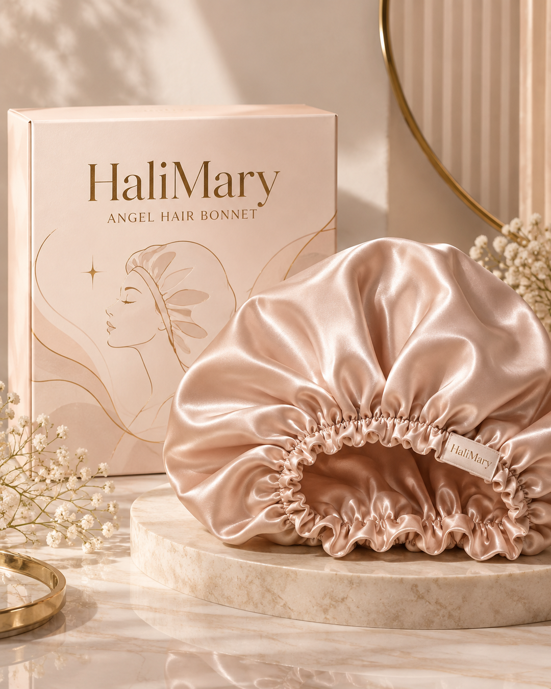 AI-generated concept image — HaliMary Angel Hair Bonnet. Fabric, packaging and product specification are not final.