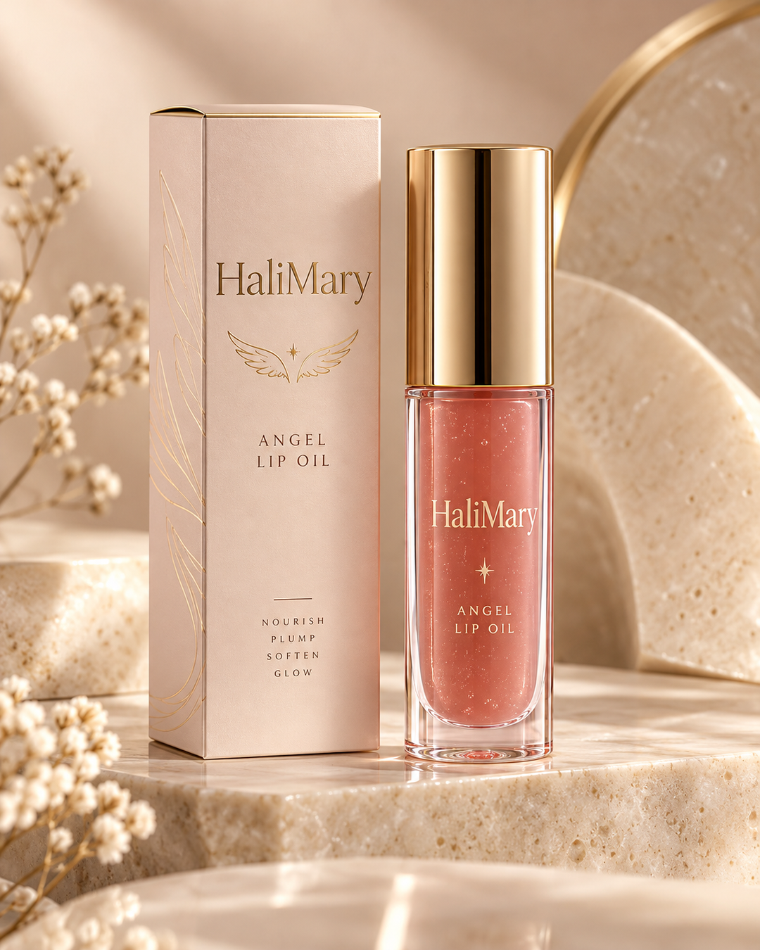 AI-generated concept image — HaliMary Angel Lip Oil. Packaging, colour and product specification are not final.