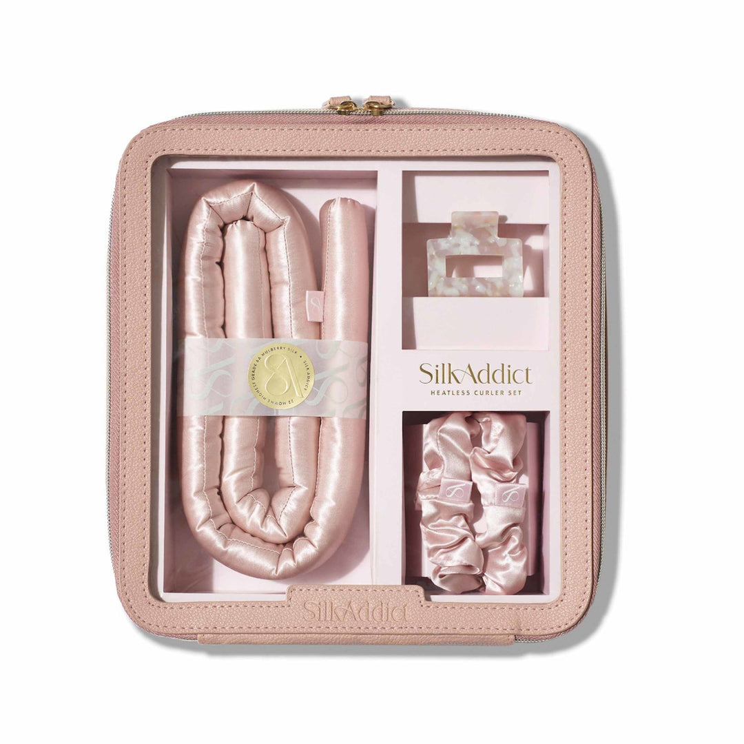 Silk Addict Luxury Mulberry Silk Heatless Hair Curler Giftset Pink - Curling Rod, Travel Bag, Scrunchies &amp; Clip