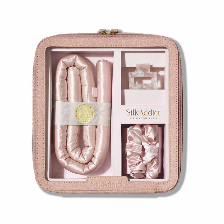 Silk Addict Luxury Mulberry Silk Heatless Hair Curler Giftset Pink - Curling Rod, Travel Bag, Scrunchies &amp; Clip